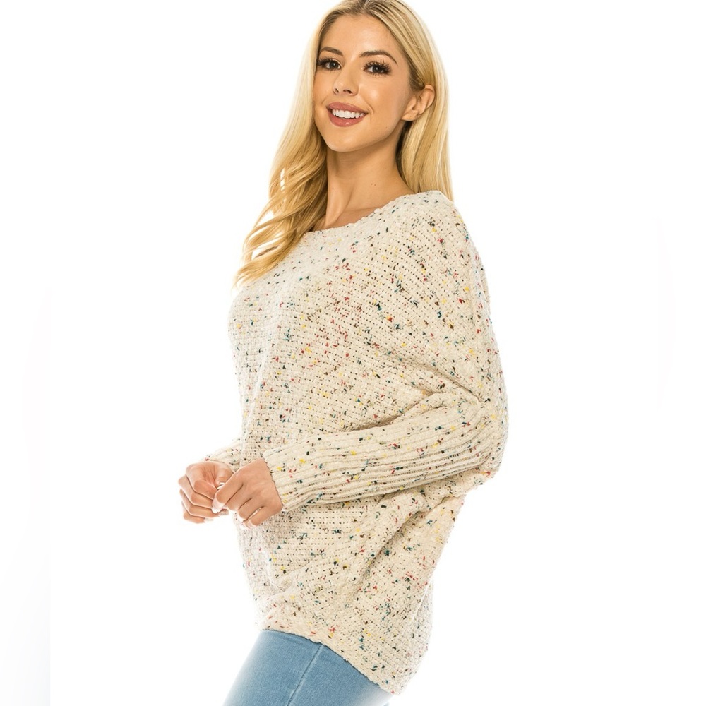Cream Spring Weave Knit Dolman Sleeve Sweater with Multicolor Confetti Detail - Picture 3 of 7